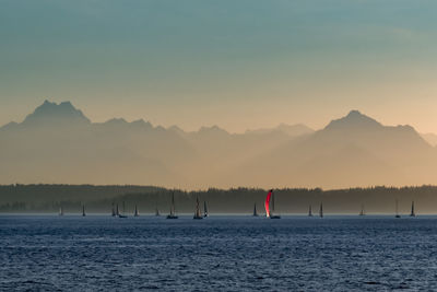 Sailboats on elliott bay by olympic mountains against sky