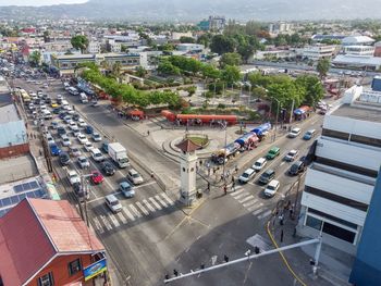 Aerial view of the clock tower in half way tree, jamaica. 