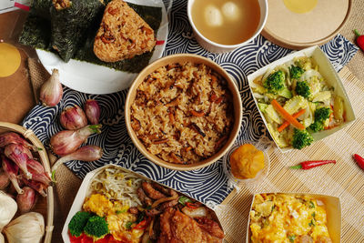 High angle view of breakfast served on table