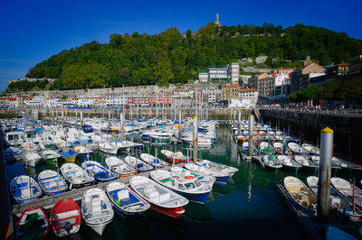 Boats moored at harbor against clear sky