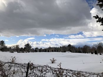 Scenic view of snow covered land against sky