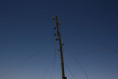 Low angle view of electricity pylon against clear blue sky