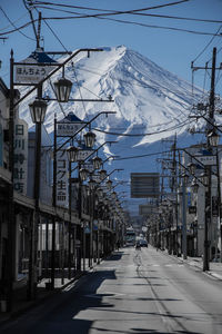 Snow covered buildings in city against sky