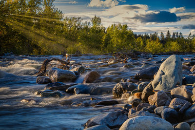 Scenic view of rocks by river against sky