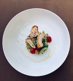 High angle view of pasta in plate on table