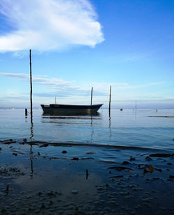 Sailboats moored on sea against blue sky