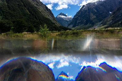 Panoramic view of lake and mountains against sky