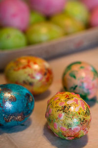 High angle view of multi colored eggs