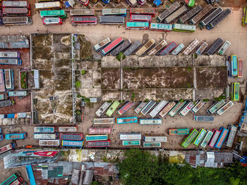 High angle view of multi colored buildings in city