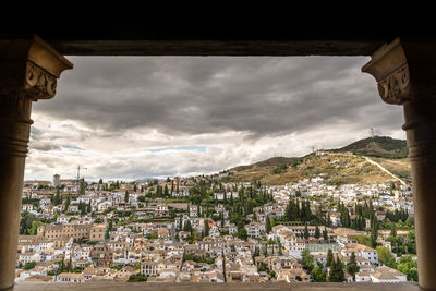 Buildings in town against cloudy sky