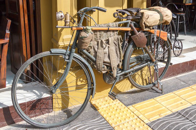 High angle view of bicycle parked in rack