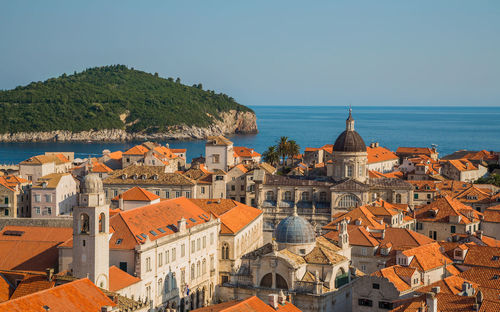 Dubrovnik view. high angle view of dubrovnik townscape by sea against clear sky