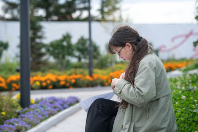 A girl sits on