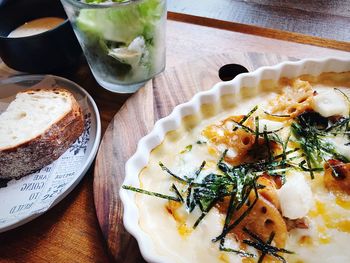 High angle view of breakfast served on table