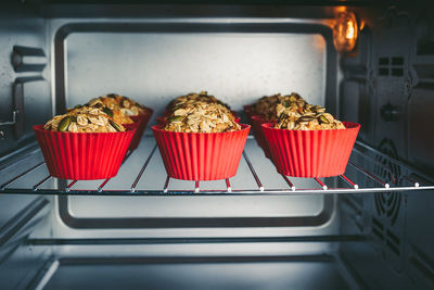 Close-up of cupcakes in oven