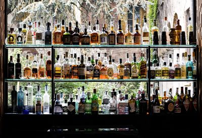 Panoramic shot of bottles on display