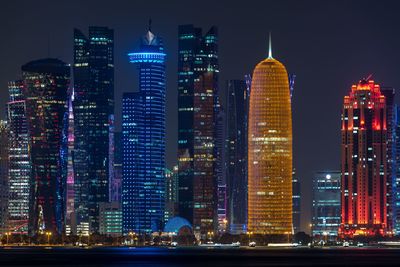 Skyscrapers lit up at night