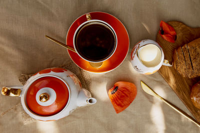 High angle view of coffee on table