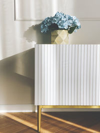 Modern interior of living room with white dresser or bureau and vase with blue flowers with shadows