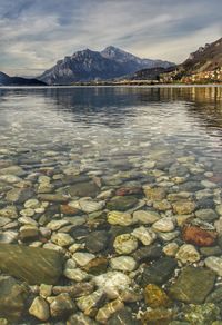 Scenic view of lake by mountains against sky