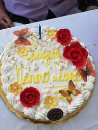 High angle view of roses in cake