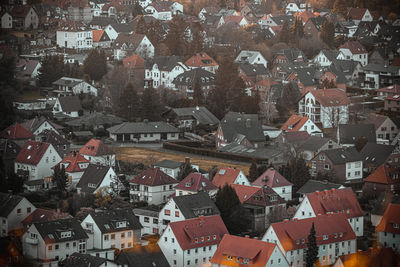 High angle view of houses in city