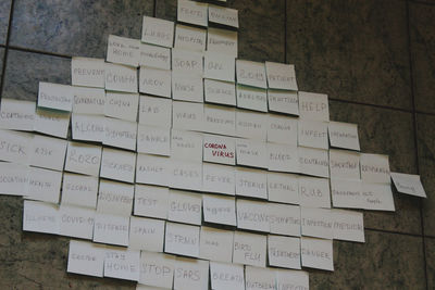 High angle view of papers on table