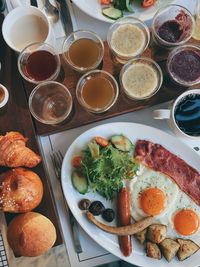 High angle view of breakfast served on table