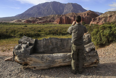 Rear view of man standing by log against mountain