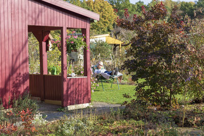 Rear view of man riding horse in yard of building