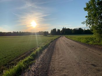 Dirt road amidst agricultural field against sky