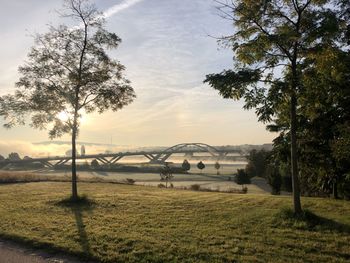 Scenic view of a bridge from a river bank in a fairy foggy morning looks like floating on the clouds