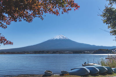 Scenic view of lake by mountain against sky