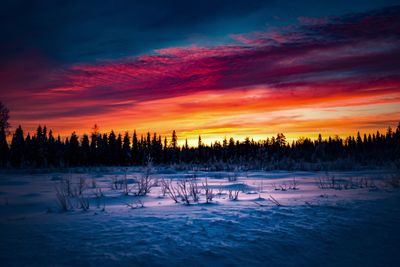 Scenic view of snow covered landscape during sunset