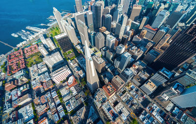 High angle view of modern buildings in city