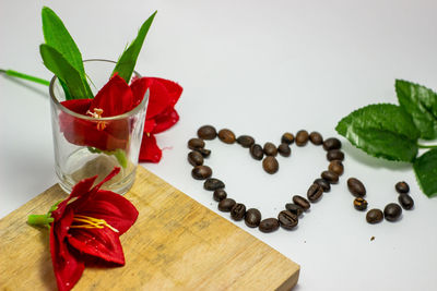 Close-up of berries on table against white background