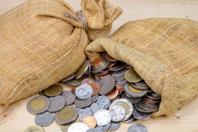 Close-up high angle view of coins