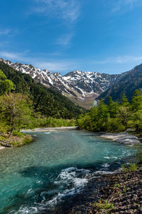 Scenic view of waterfall by mountains against blue sky