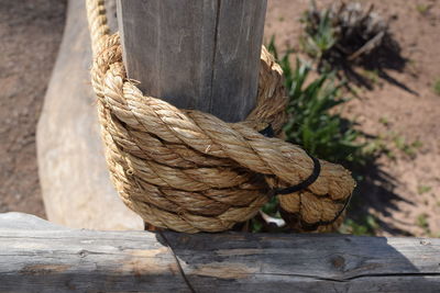 Close-up of rope on wooden table