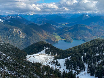 Autumnal view from mountain herzogstand towards lake walchensee, bavarian alps