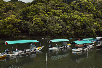 Boats moored in lake against trees