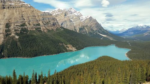 Panoramic view of lake and mountains against sky