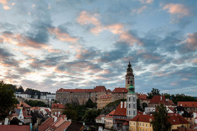 View of buildings in town against cloudy sky