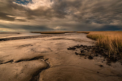 Scenic view of beach against sky during sunset