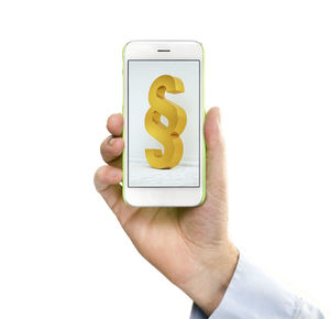 Cropped hand holding mobile phone with paragraph icon on display against white background