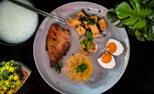 High angle view of food in plate on table