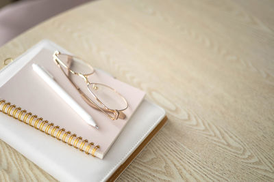 High angle view of objects on table