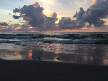 Scenic view of beach against cloudy sky during sunset