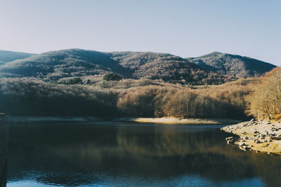 Scenic view of lake and mountains against clear sky