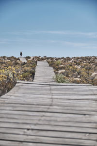 Surface level of boardwalk against sky